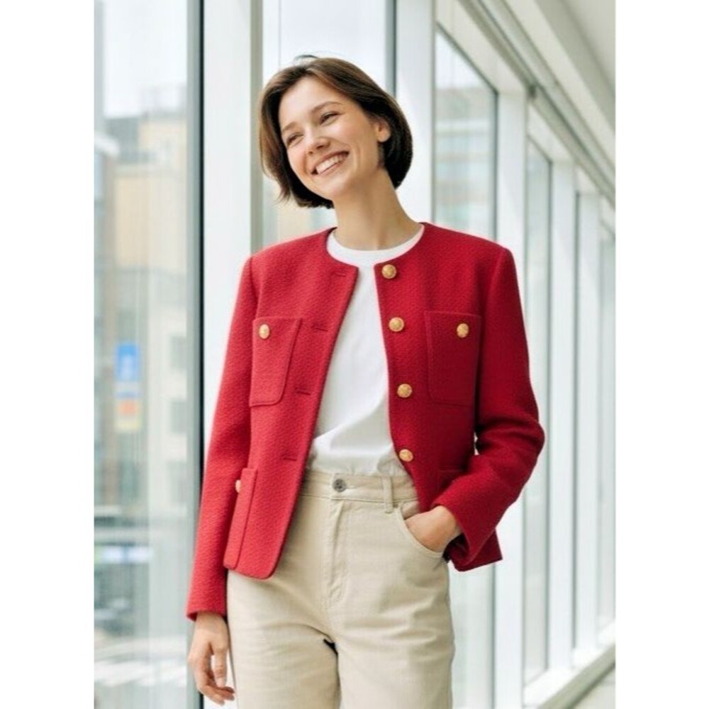 Jones New York womens Wool red patch pocket cropped long sleeve blazer size 4